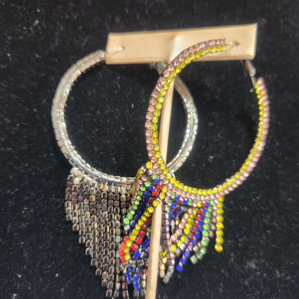 Multi Color Rhinestone Fringe Hoop Earrings Rainbow Crystal Tassel Statement - Picture 5 of 11